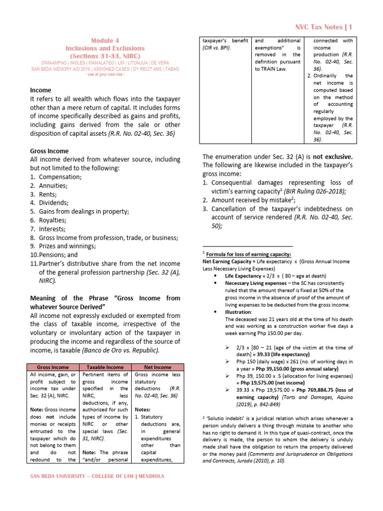 NIRC Gross Income Inclusions & Exclusions | PDF | Cost Of Living | Lease