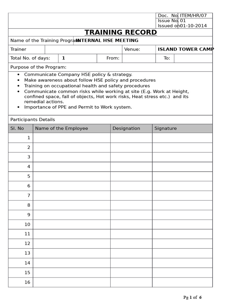 Training Record 2 Hse Meeting | PDF