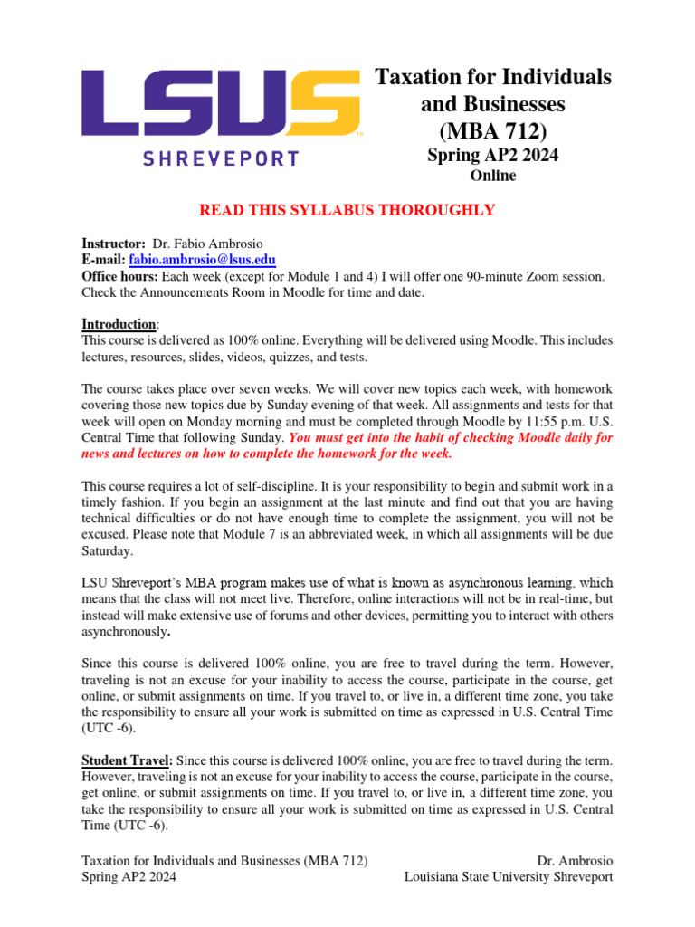 LSUS MBA 712 Taxation Syllabus 2024 | PDF | Taxes | Income Tax