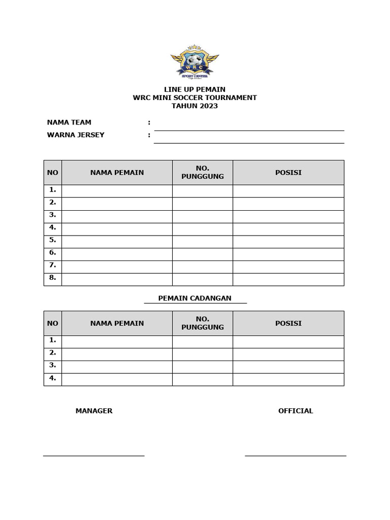 Line Up Pemain WRC Mini Soccer Tournament | PDF