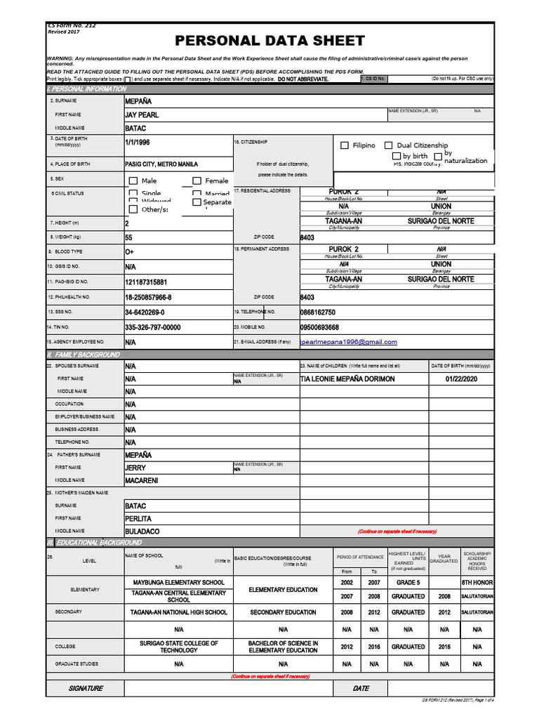 Personal Data Sheet Template | PDF | Volunteering | Government