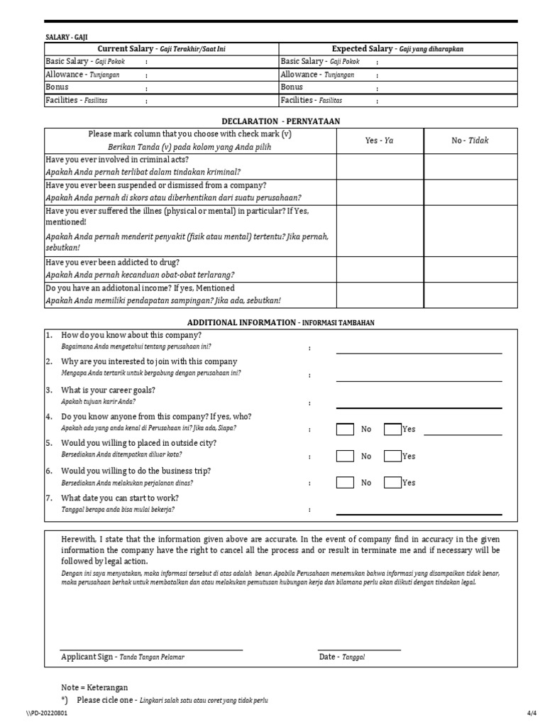 Formulir Lamaran Kerja Form 4 | PDF