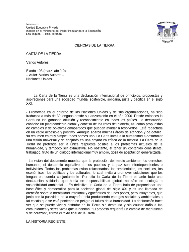 Carta de La Tierra | Descargar gratis PDF | Sustentabilidad | Entorno ...
