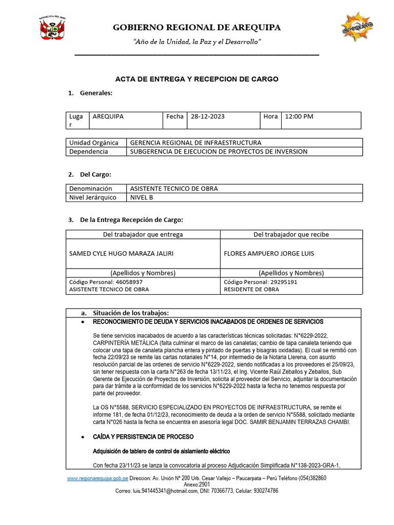 Acta de entrega de cargo 2023 samed pdf