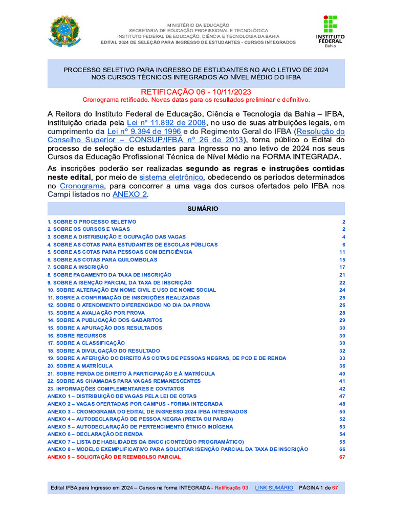 RETIFICAO06 Editalingresso 2024 IFBACURSOSINTEGRADOS | PDF