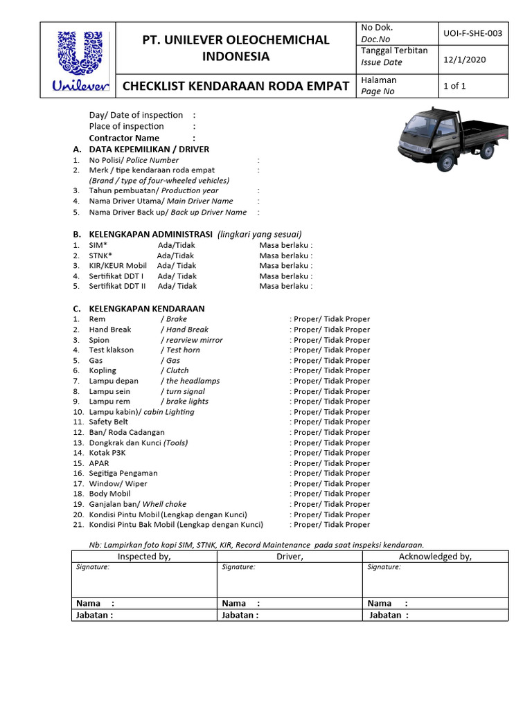 Checklist Kendaraan Roda Empat Unilever | PDF