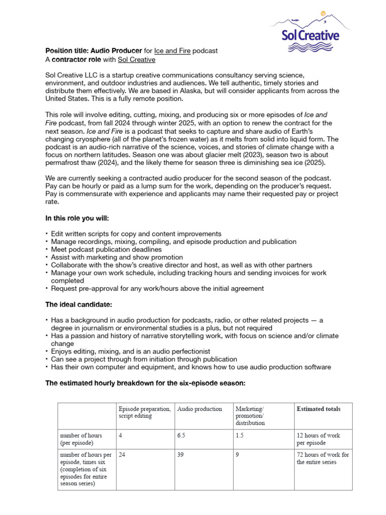 Position Title: Audio Producer For Ice and Fire Podcast Contractor Role ...