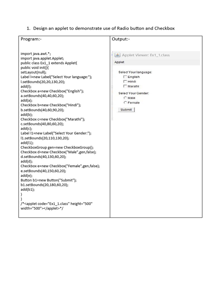 Design An Applet To Demonstrate Use of Radio Button and Checkbox ...