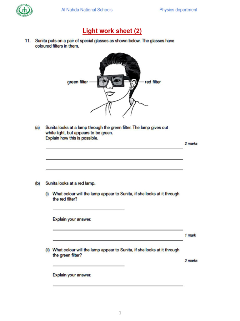 Light Worksheet - Physics Dept | PDF