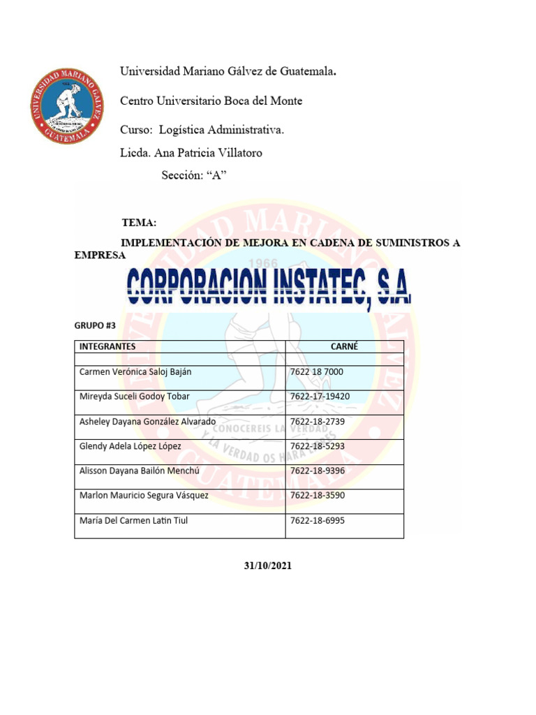 Mejora en Cadena de Suministros INSTATEC | PDF | Calidad (comercial ...