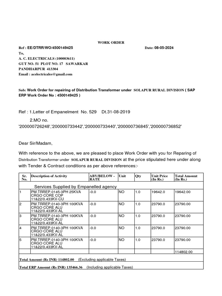 WorkOrder_4500149425_TF Repairing Work Order AC Ele | PDF