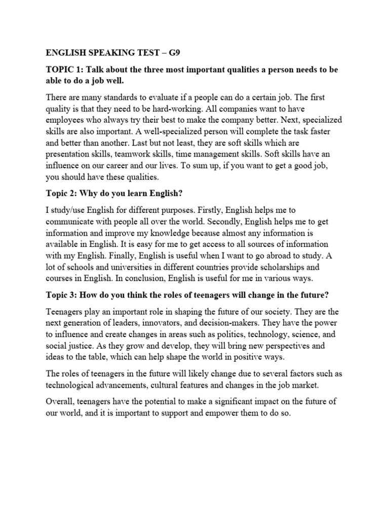 English Speaking Test - G9 | PDF