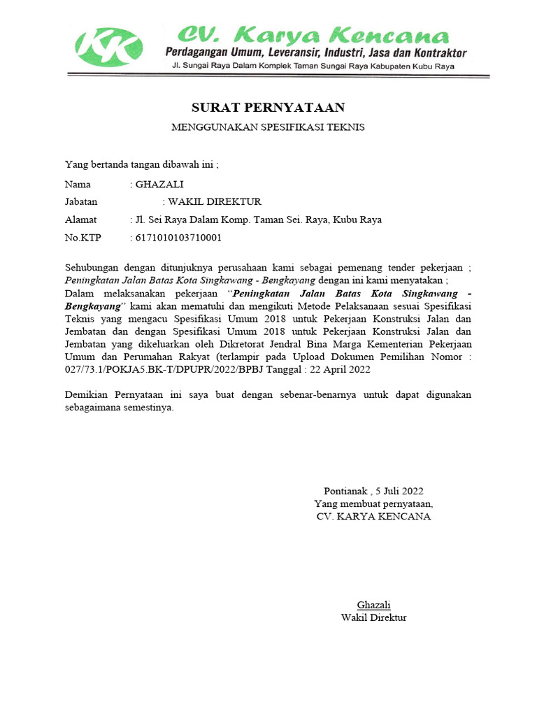 SURAT PERNYATAAN, Menggunakan Spesifikasi Teknis, Material, BPJS | PDF