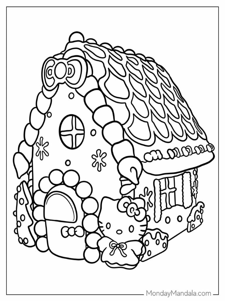 Hello Kitty Gingerbread House Coloring Page | PDF