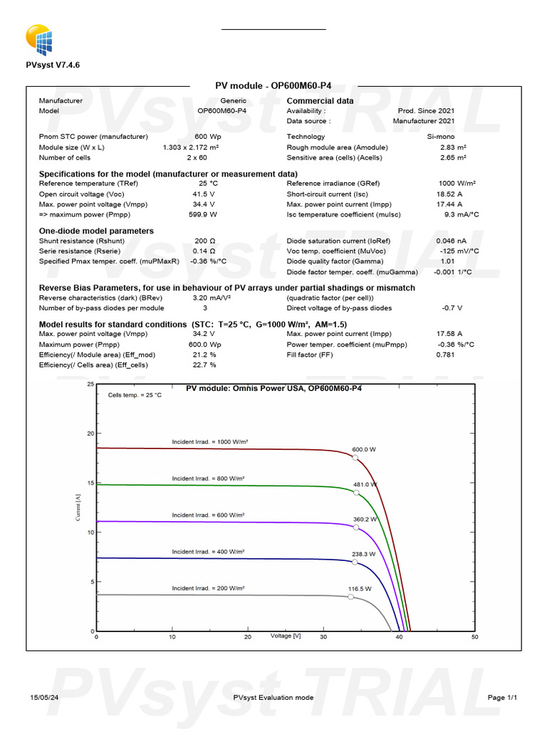 PVsyst OP600M60-P4 Module Specs | PDF | Diode | Solar Panel