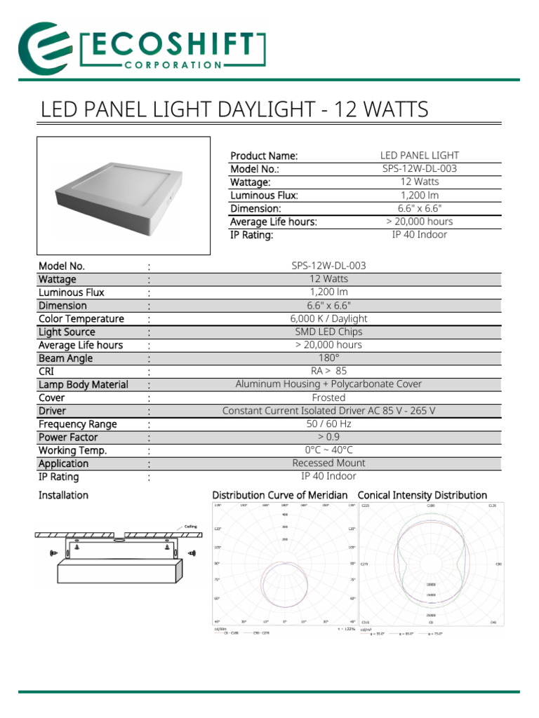 12W LED Panel Light Specifications | PDF | Technology & Engineering