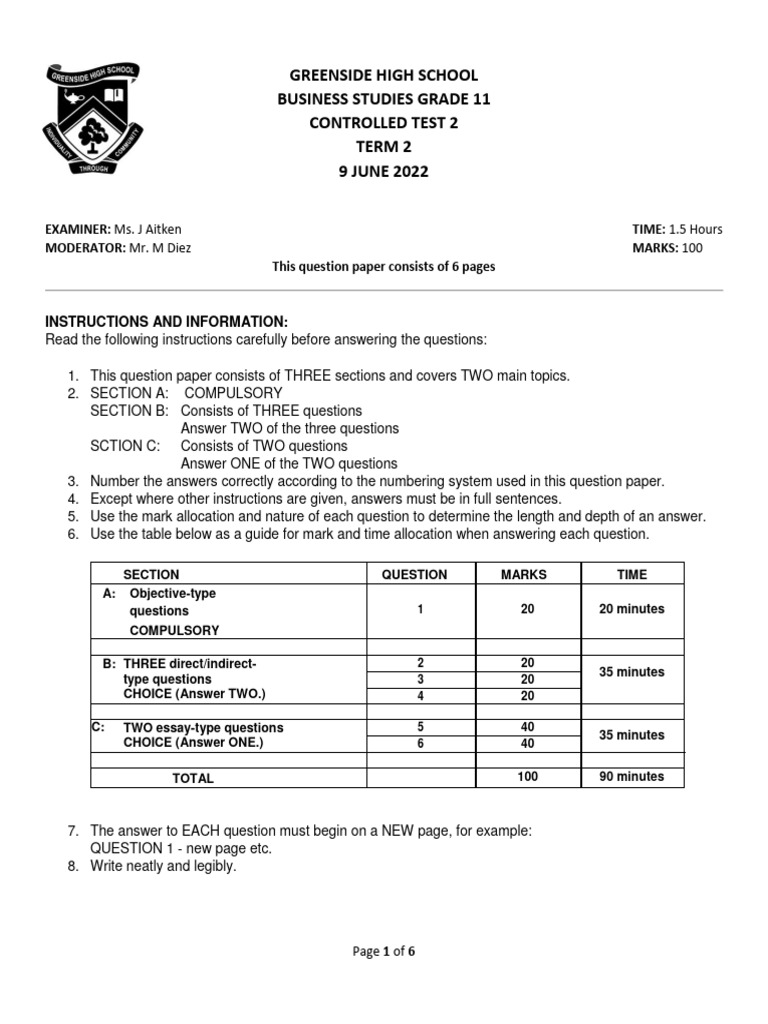 Grade 11 Business Studies Term 2 Test | PDF | Question | Business Ethics