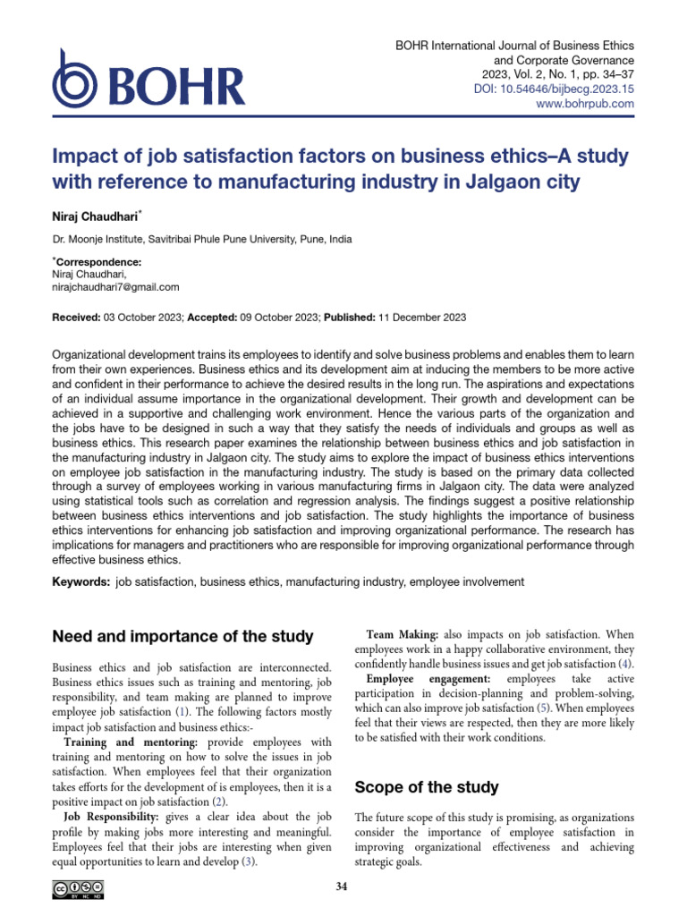 Impact of Job Satisfaction Factors On Business Ethics-A Studywith ...