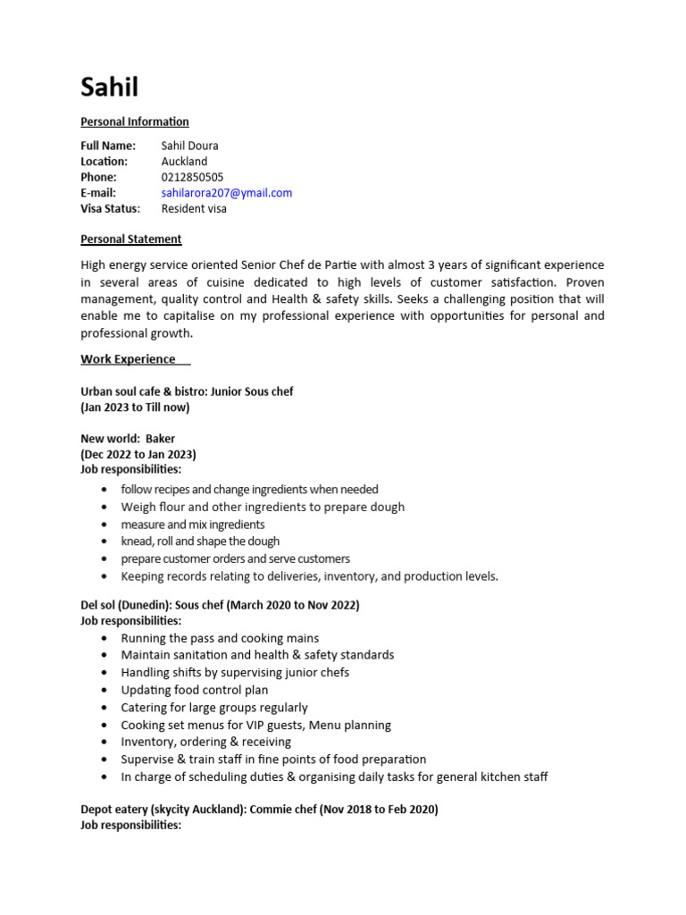 Senior Chef de Partie Resume | PDF | Chef | Cooking