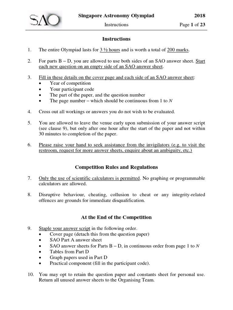 6th SAO (2018) Question Paper (Corrected) | PDF | Galaxy | Stars
