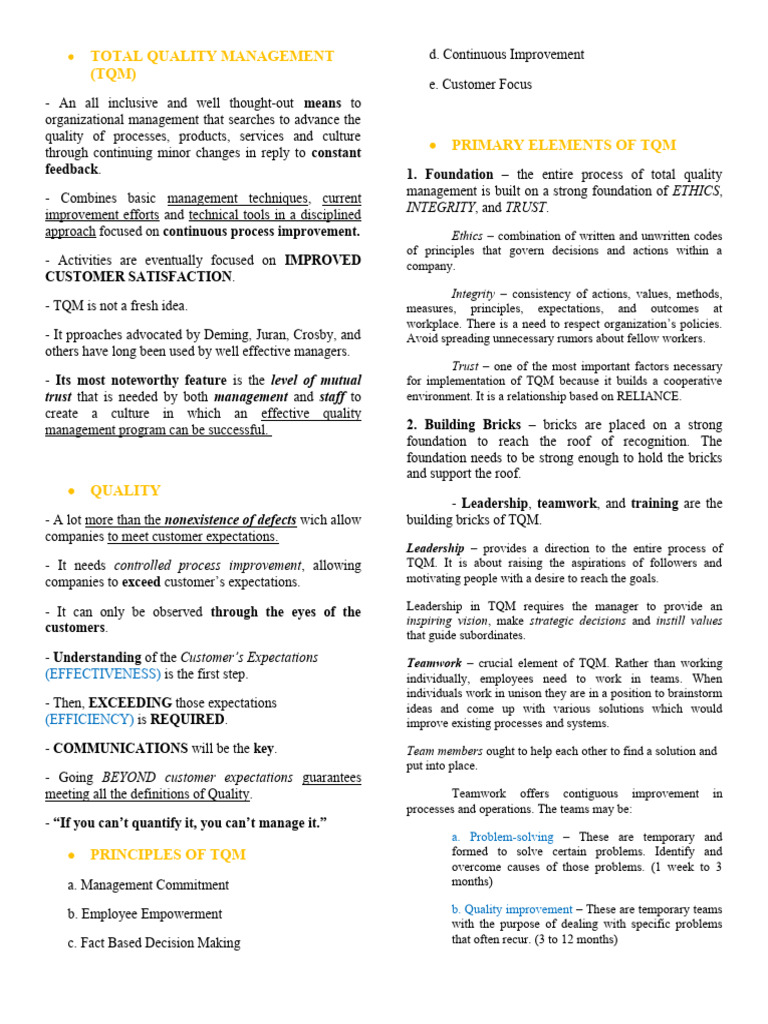 Total Quality Management Opm Reviewer | PDF | Leadership | Quality ...