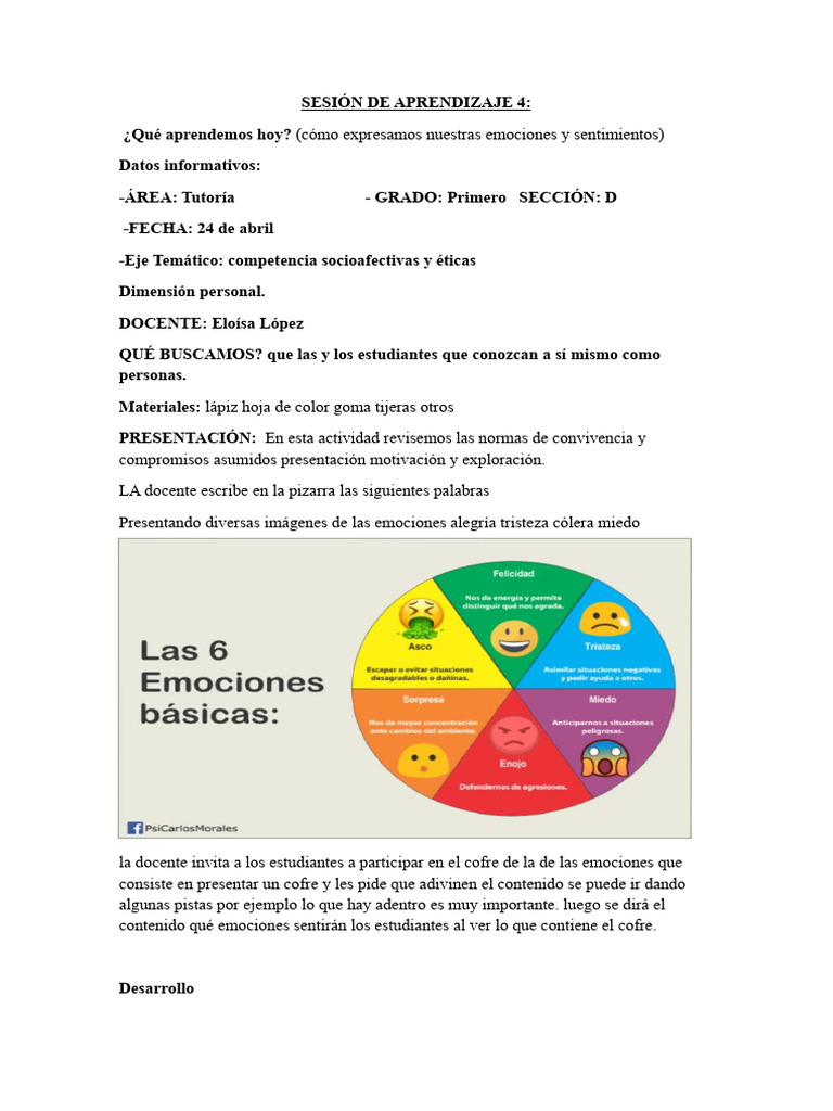 Expresión de Emociones en Primer Grado | PDF | Las emociones | Cognición
