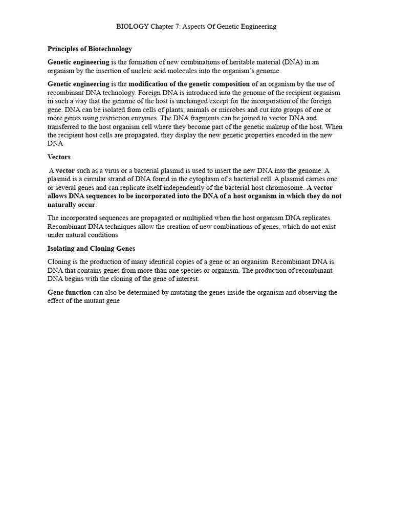 BIOLOGY Chapter 7 - Aspects of Genetic Engineering | PDF | Molecular ...