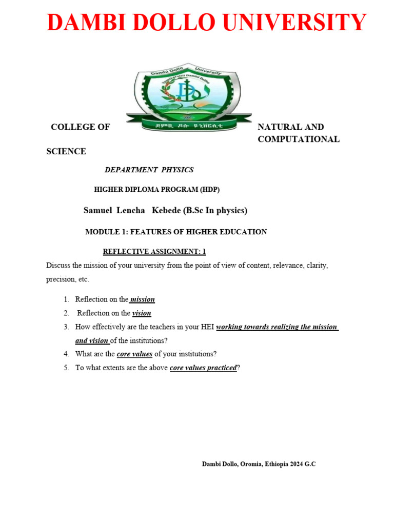 Dambi Dollo University Mission & Vision | PDF | Teachers