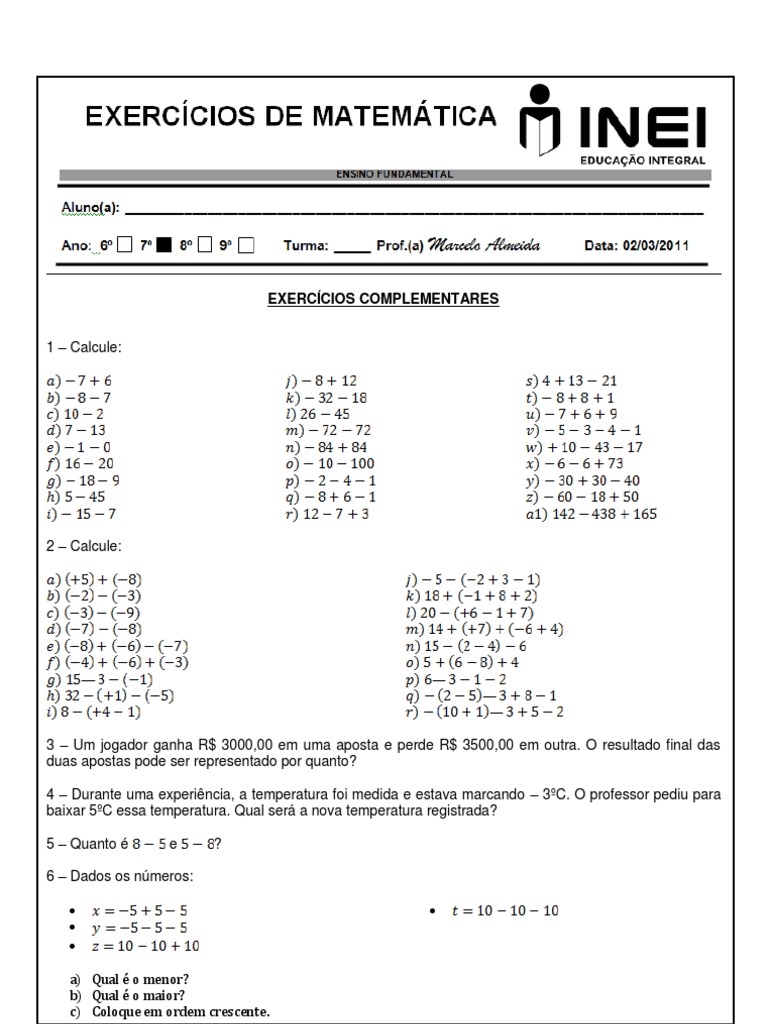 Expressoes Numericas Com Numeros Inteiros Exercicios 7 Ano Doc