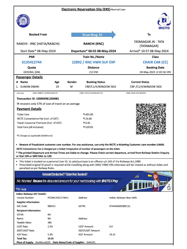 Ranchi Ticket 08.05.24 | PDF