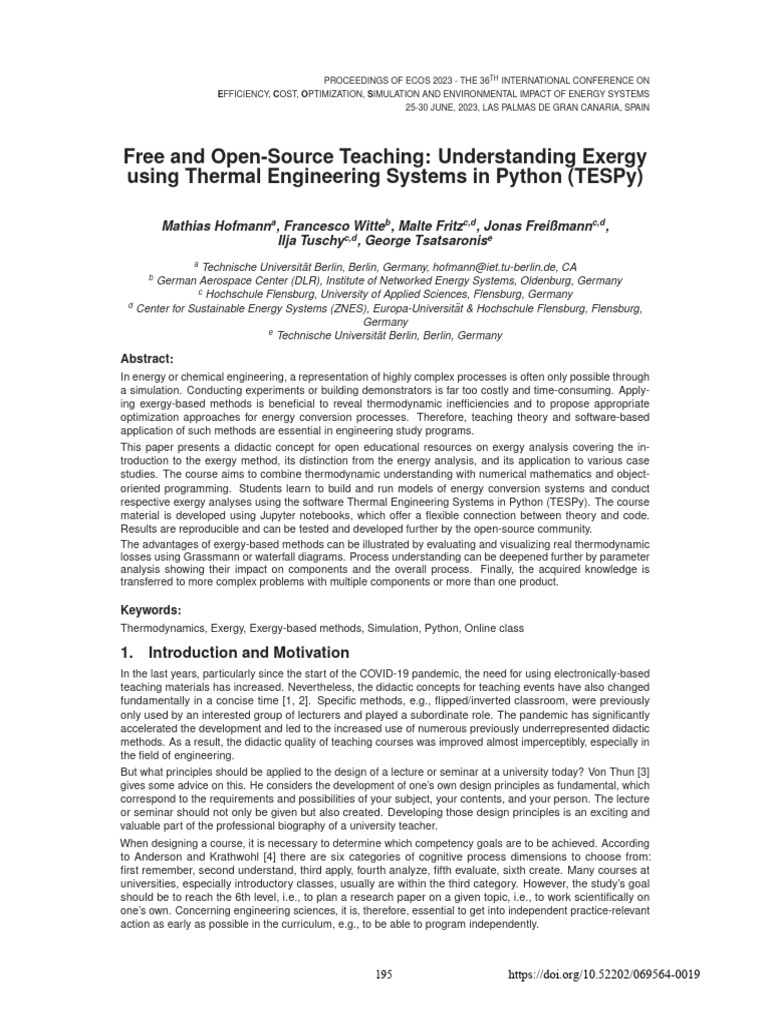 ECOS 2023 Teaching Exergy Using TESPy PAPER Online | PDF | Exergy | Heat