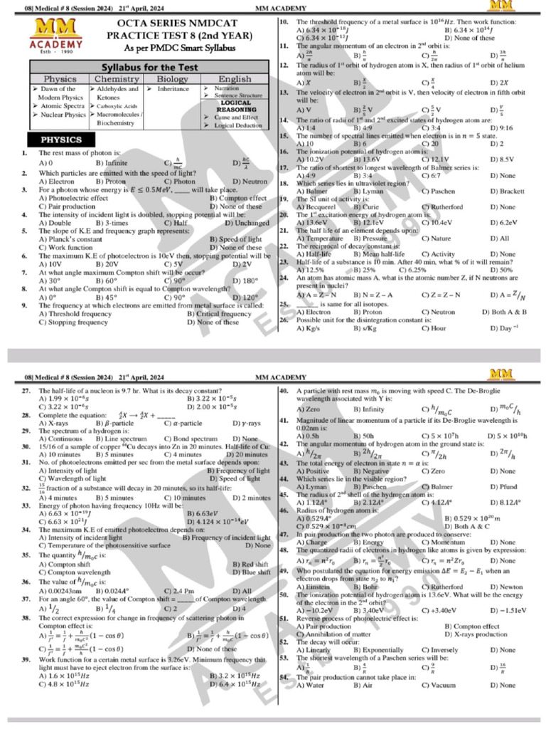 MM Academy Sunday Test 21 April With Key | PDF