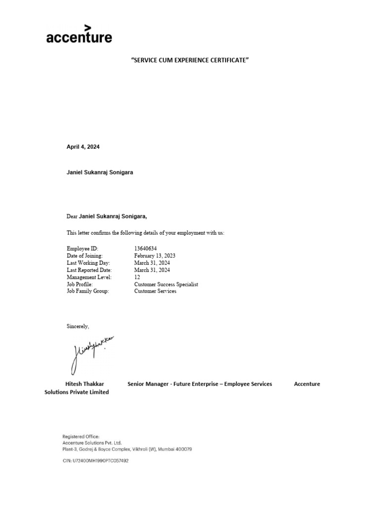 Accenture Experience Certificate for Janiel | PDF