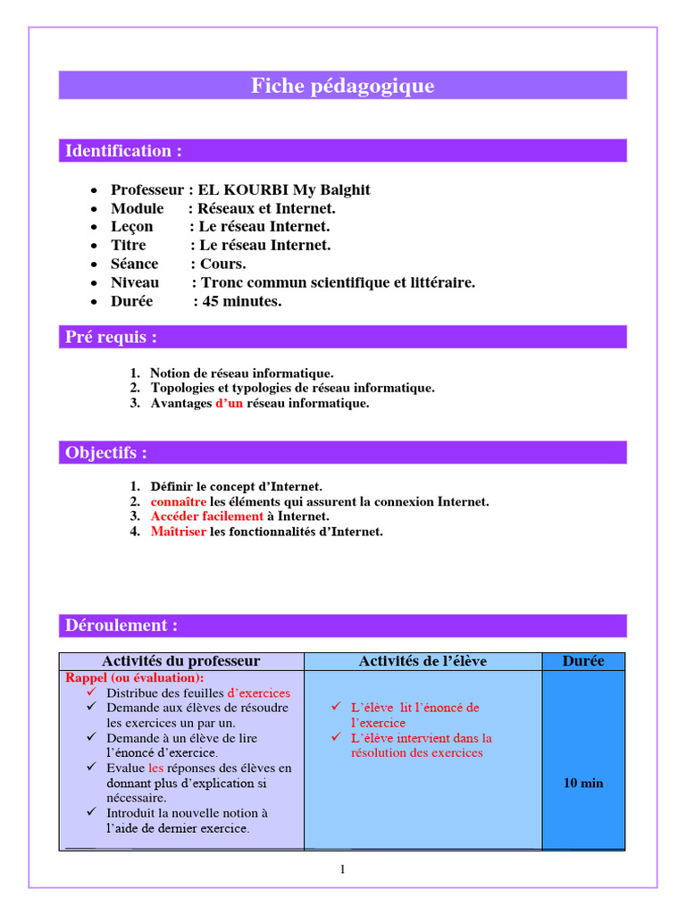 Fiche Pédagogique : Le Réseau Internet | PDF | l'Internet | Adresse IP