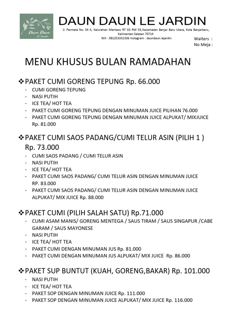 Menu Daun Daun Le Jardin Banjarbaru | PDF | Memasak, Makanan, & Anggur