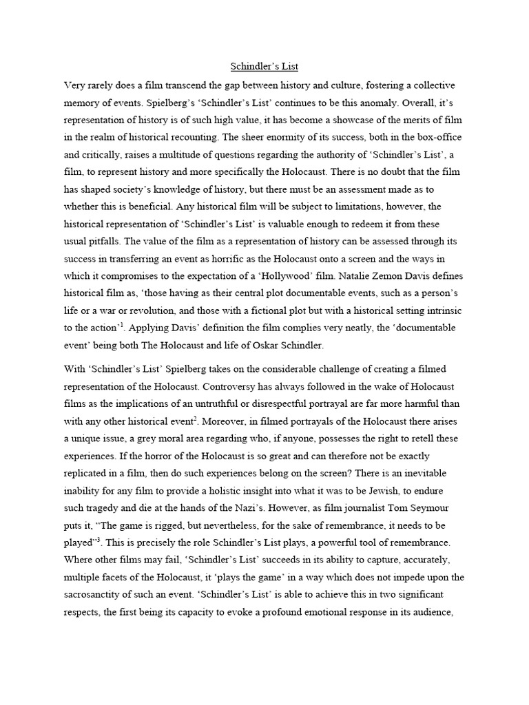 Film Review of Schindler's List From A Historical Perspective PDF Essays Empathy