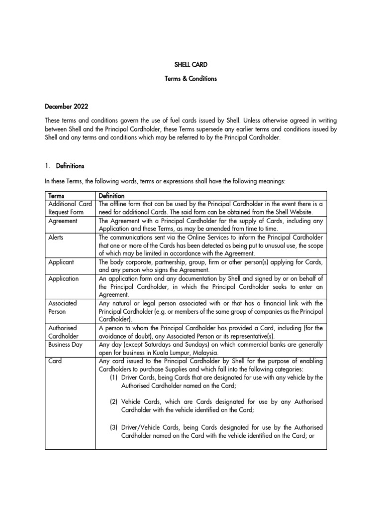 Shell Card Terms & Conditions 2022 | PDF | Credit Card | Debit Card