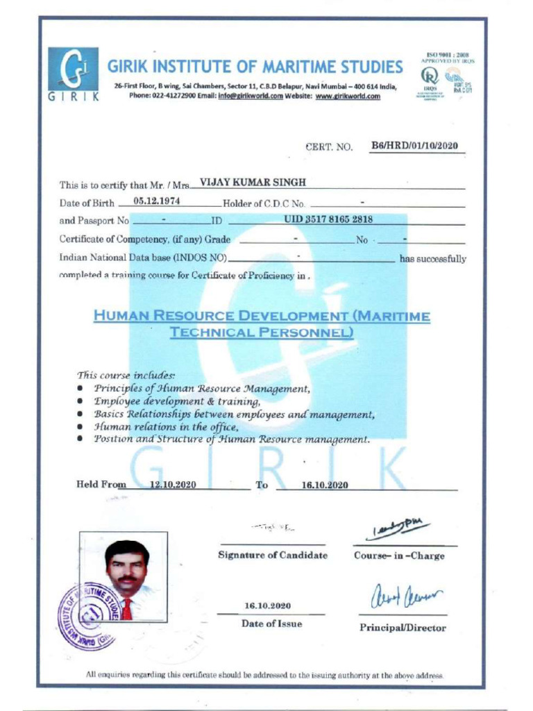 Hr Training Certificate Pdf