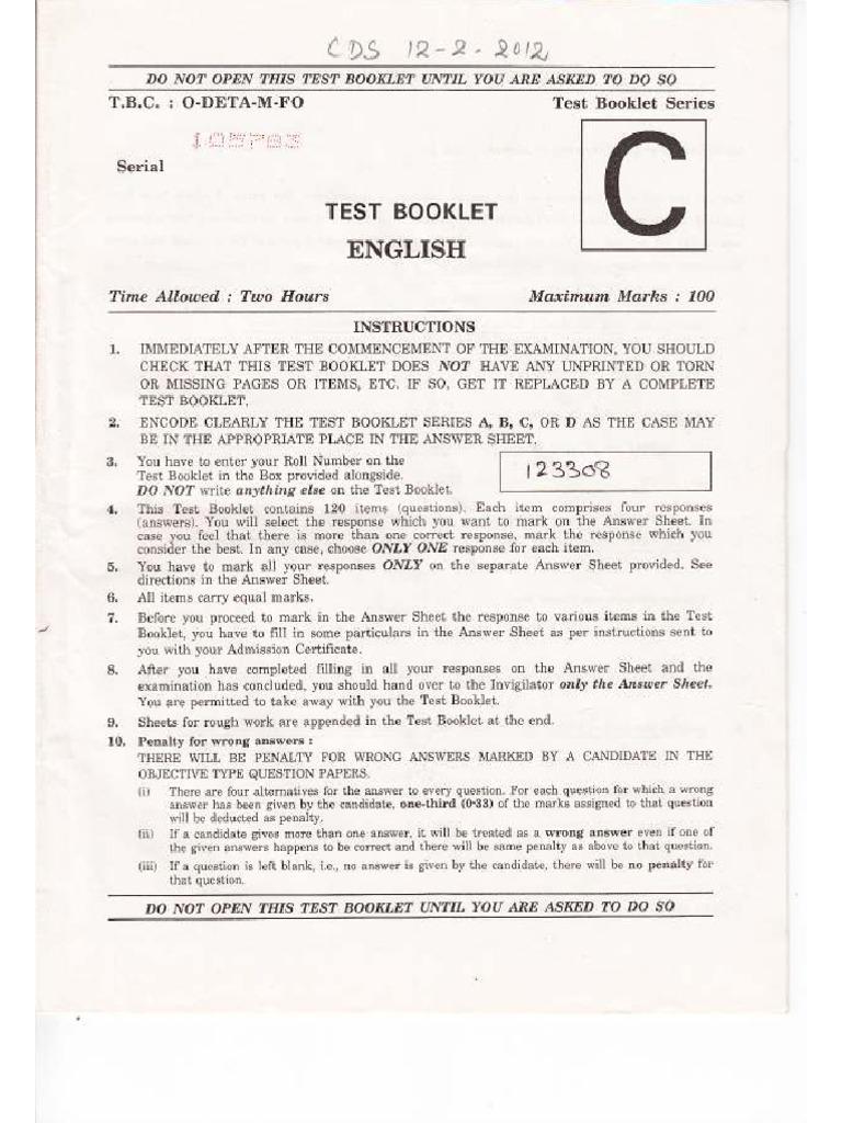 CDS Exam 2012 (1) English Question Paper | PDF