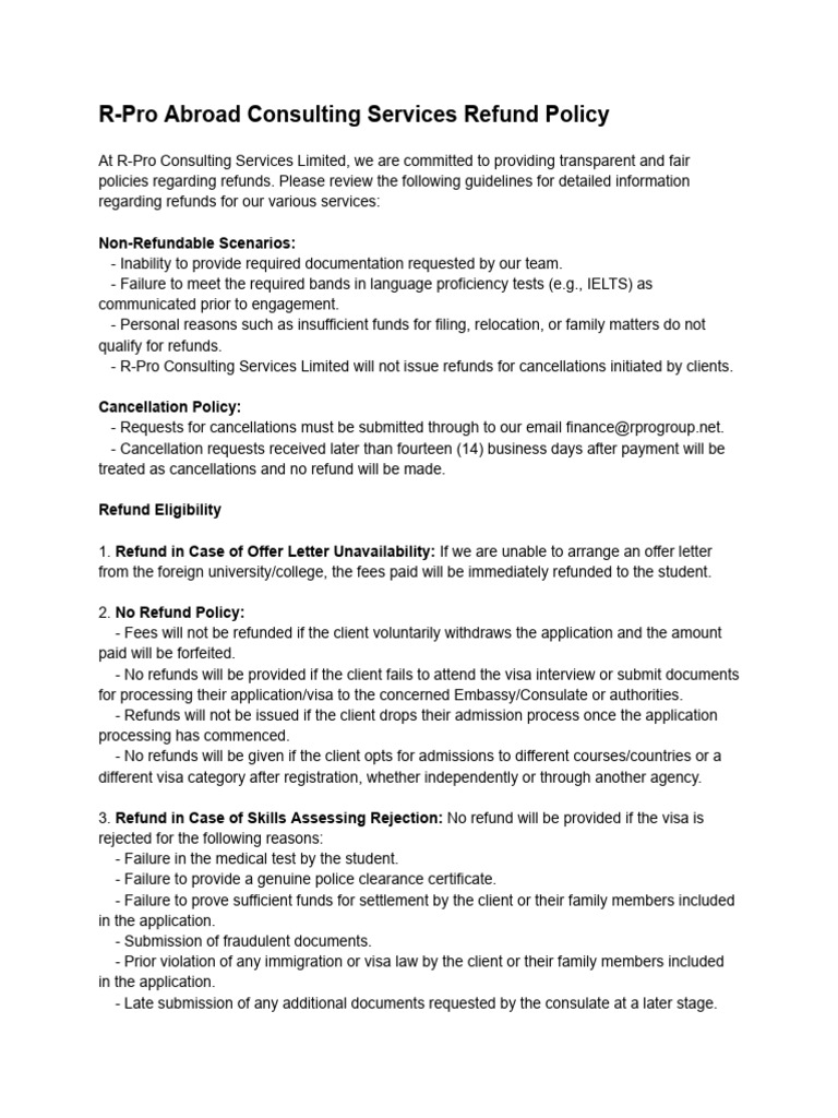 R-Pro Consulting Refund Policy Overview | PDF | Fee | Mediation