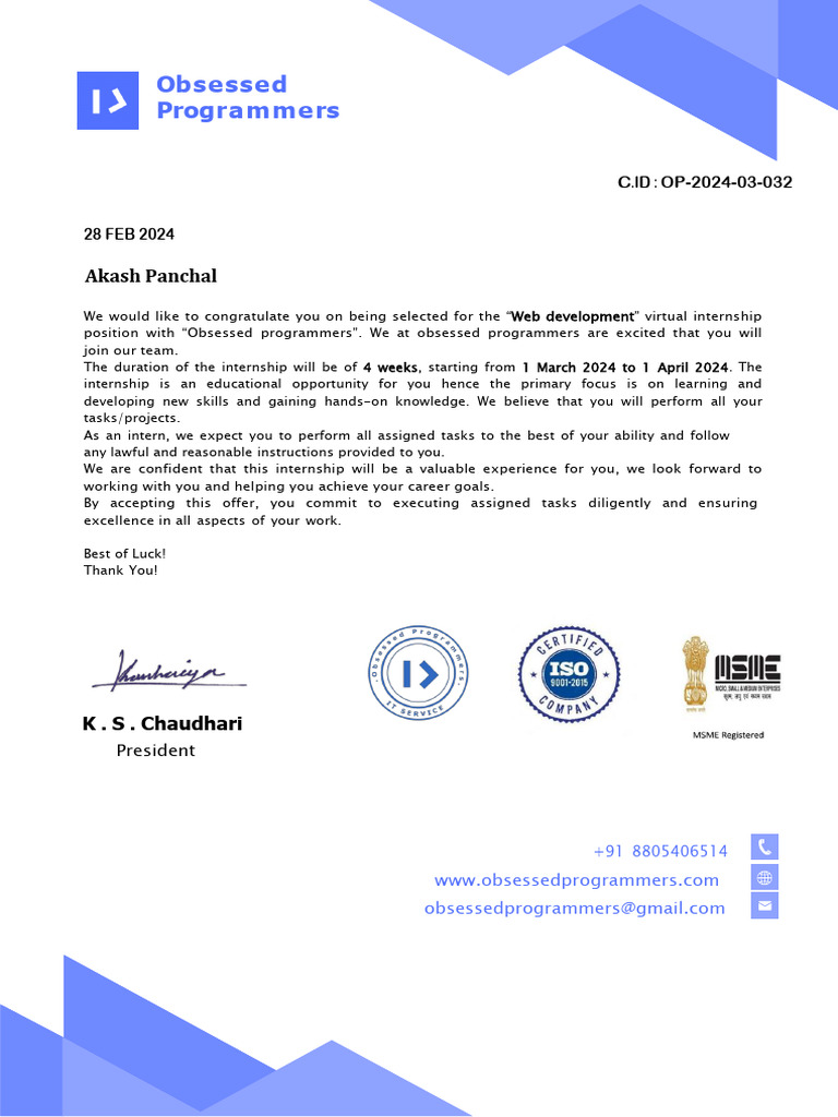 Web Development Internship Offer Letter | PDF