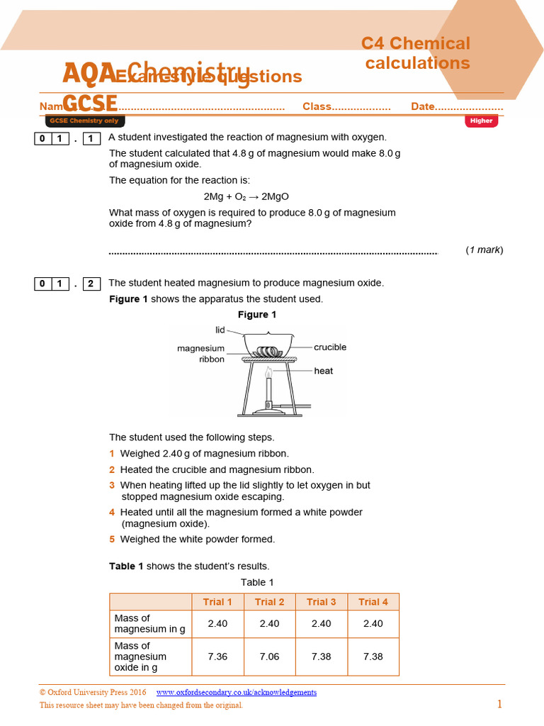 Oxo Aqa16 c4ss xq02 Xxaann | PDF | Chemical Reactions | Magnesium