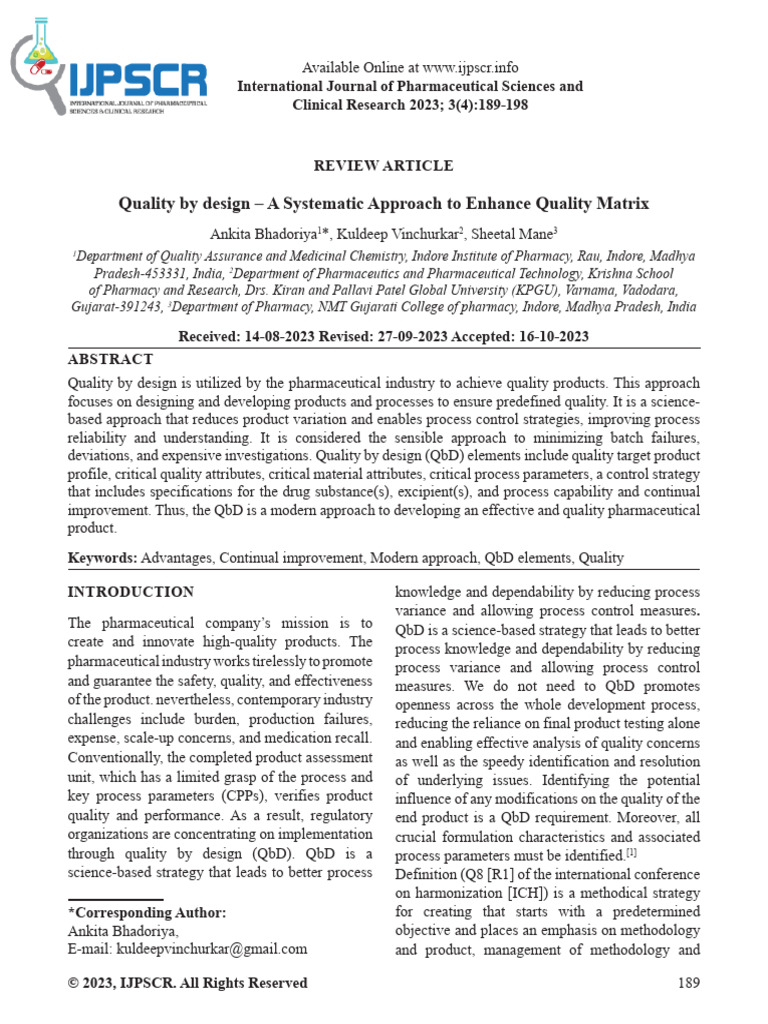 Quality by Design - A Systematic Approach To Enhance Quality Matrix ...