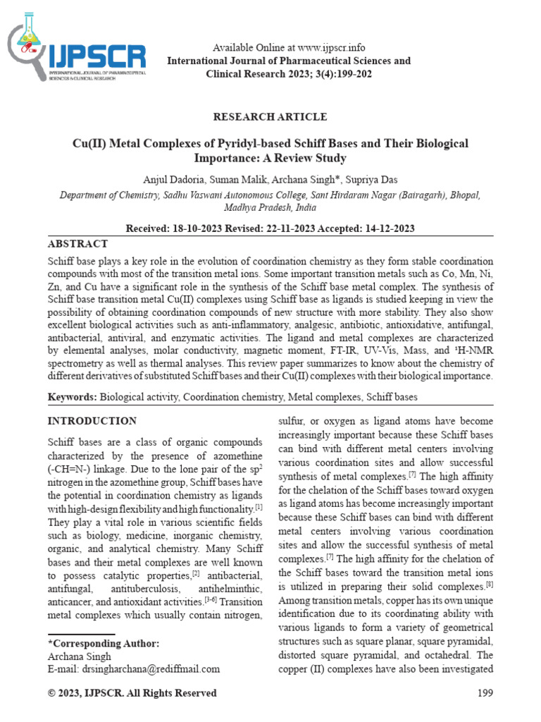 Cu (II) Metal Complexes of Pyridyl-Based Schiff Bases and Their ...
