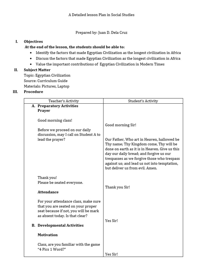 A Detailed Lesson Plan in Social Studies | PDF | Ancient Egypt | Lord's ...