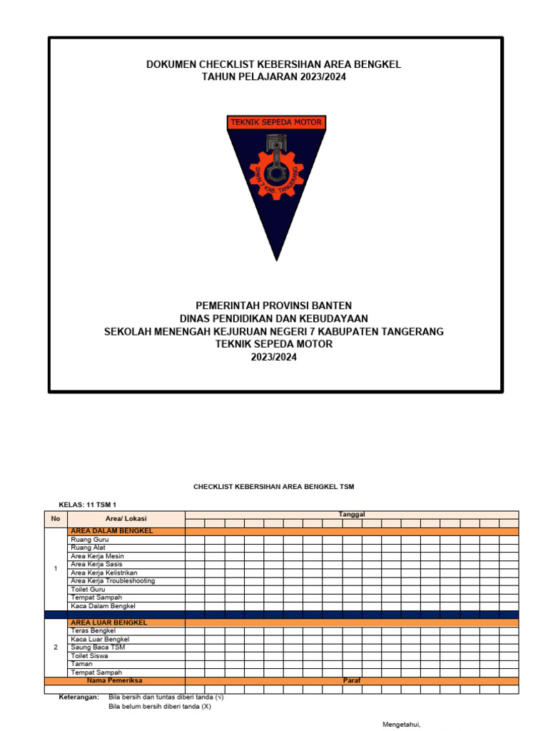 Checklist Kebersihan Bengkel TSM 2023/2024 | PDF