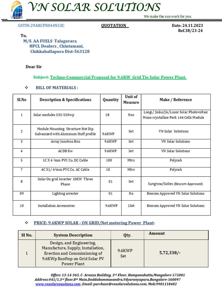 9.6KW Solar Power Plant Proposal | PDF | Solar Power | Photovoltaic System