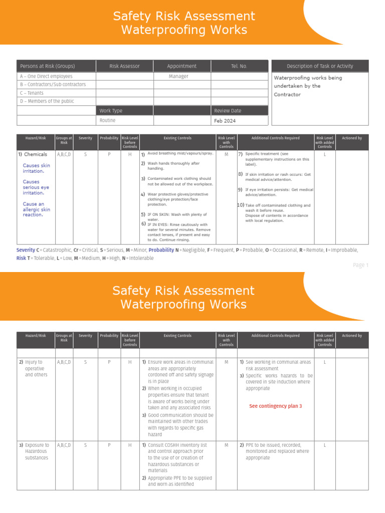 Waterproofing Works Risk Assessment | PDF | Personal Protective ...