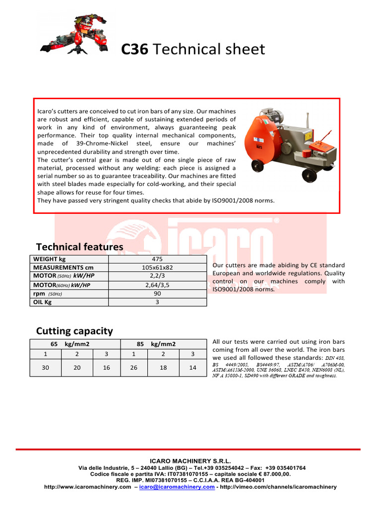 C36 Cutter Technical Specifications | PDF | Mechanical Engineering