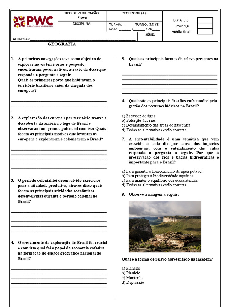 Prova de Geografia 7º Ano: Questões e Atividades | PDF | Brasil ...